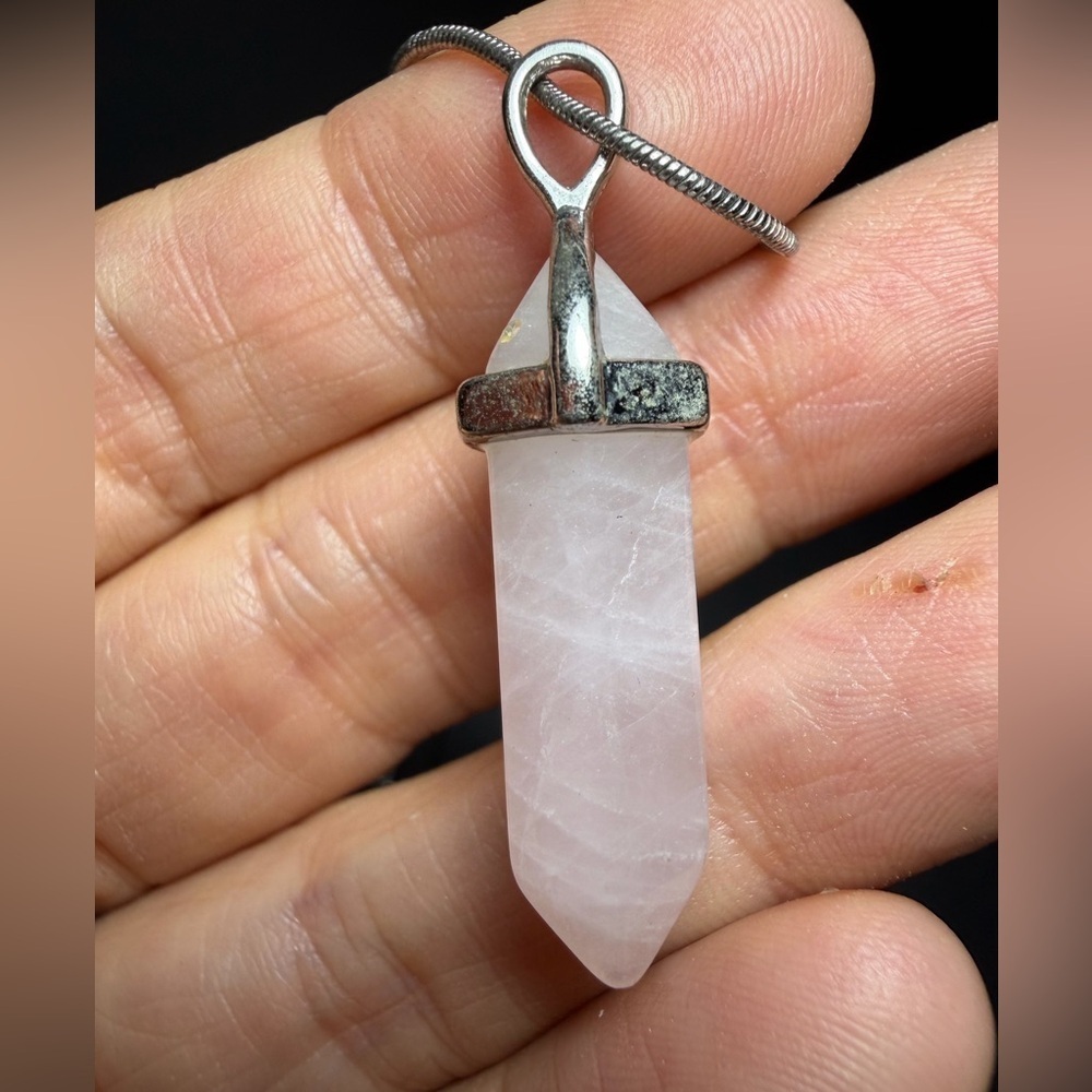 Boho Rose Quartz Crystal Point Pendant Necklace on Silver Snake Chain